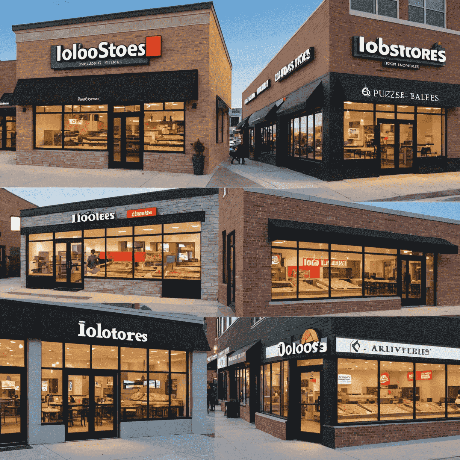 A collage of new Iolostores locations, showcasing modern storefronts with large windows displaying fresh pizzas being prepared by skilled pizzaiolos. The image highlights the expansion of Iolostores to multiple cities.