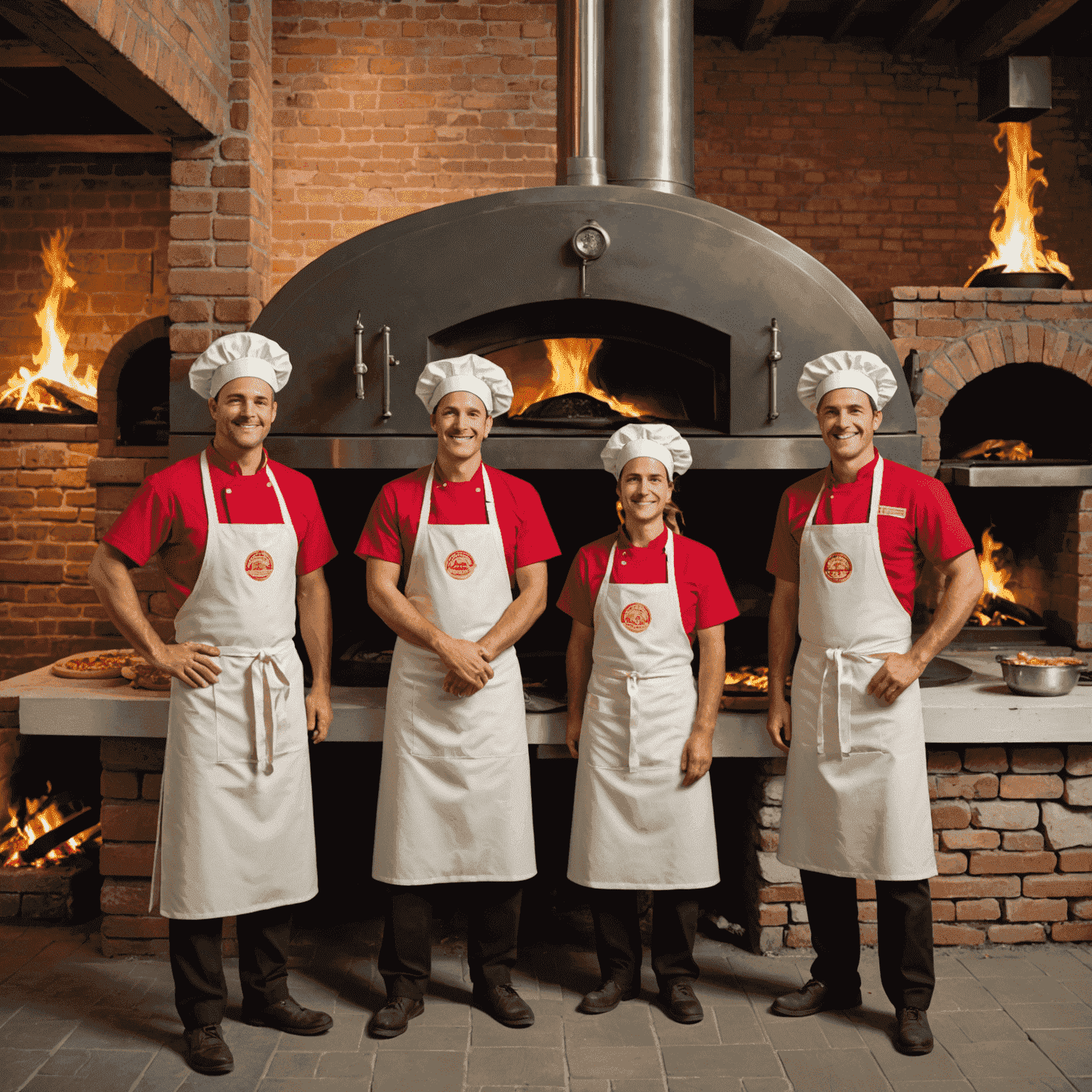 A group of smiling pizzaiolos in their Iolostores uniforms, standing proudly in front of wood-fired ovens