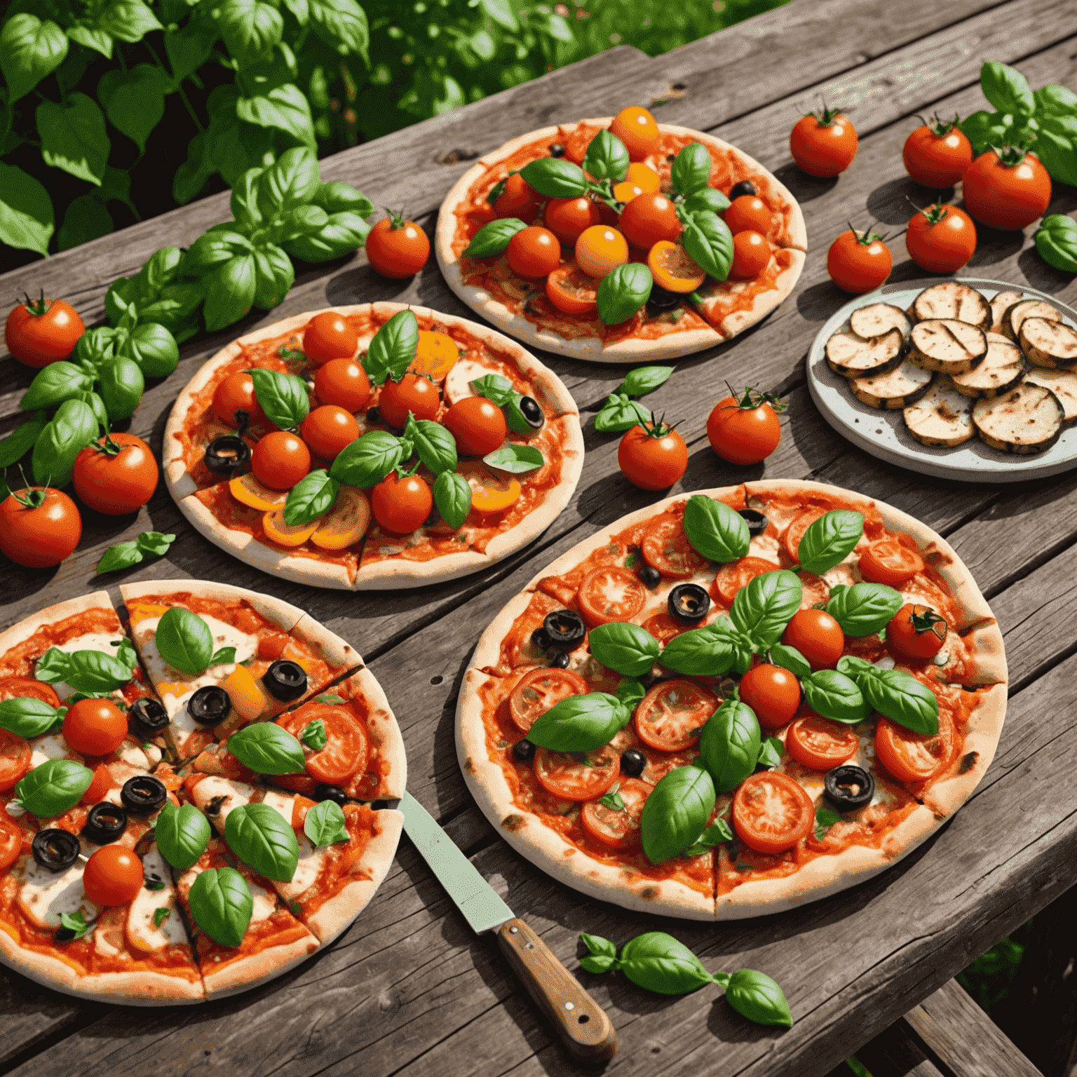 A vibrant display of summer pizzas featuring colorful seasonal ingredients like fresh tomatoes, basil, grilled vegetables, and aromatic herbs on a rustic wooden table in an outdoor setting