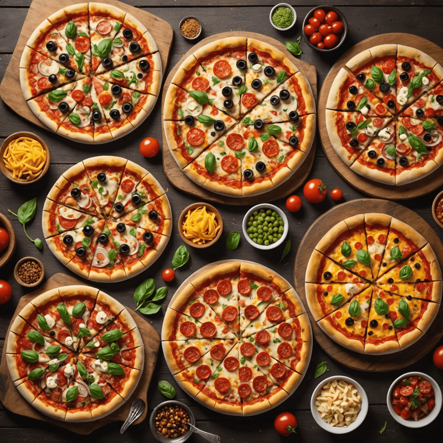 A diverse array of freshly made pizzas, showcasing classic and gourmet options, arranged on rustic wooden boards with vibrant toppings and golden crusts