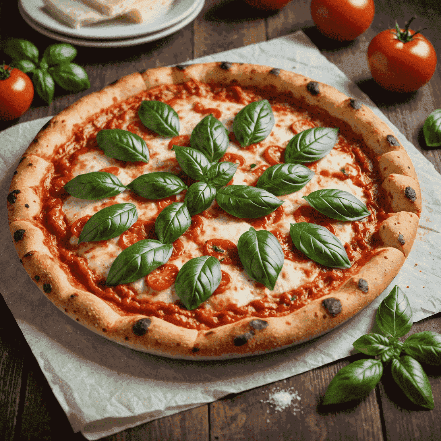 A classic Margherita pizza with fresh basil leaves, mozzarella, and tomato sauce on a perfectly baked crust