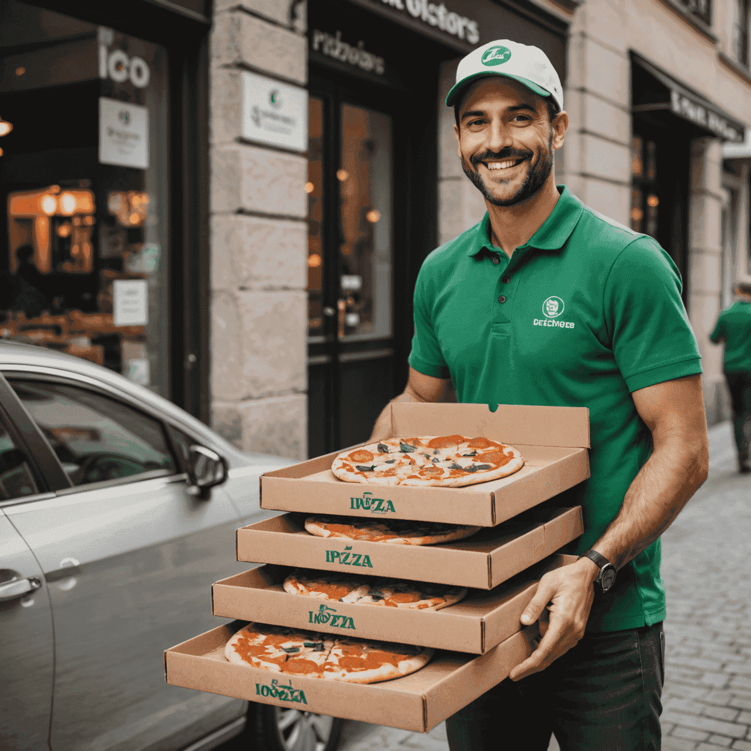 A smiling pizzaiolo delivering a stack of hot, freshly-made pizzas to a customer's doorstep. The delivery person is wearing a green uniform with the iolostores logo, and the pizza boxes are eco-friendly with steam rising, indicating their freshness.