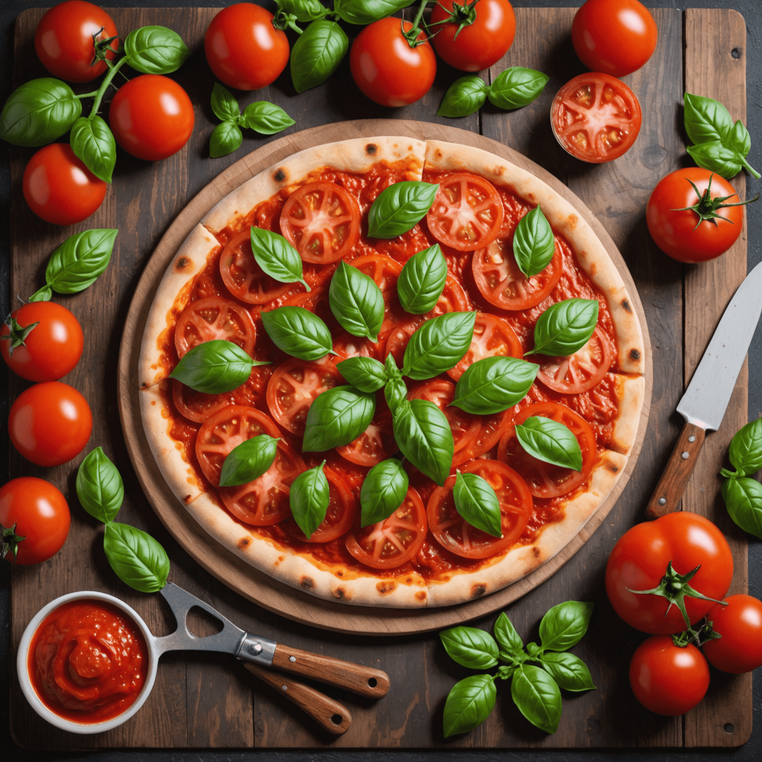 Fresh tomatoes on a wooden cutting board, surrounded by basil leaves and a pizza cutter, showcasing the quality of our pizza sauce ingredients