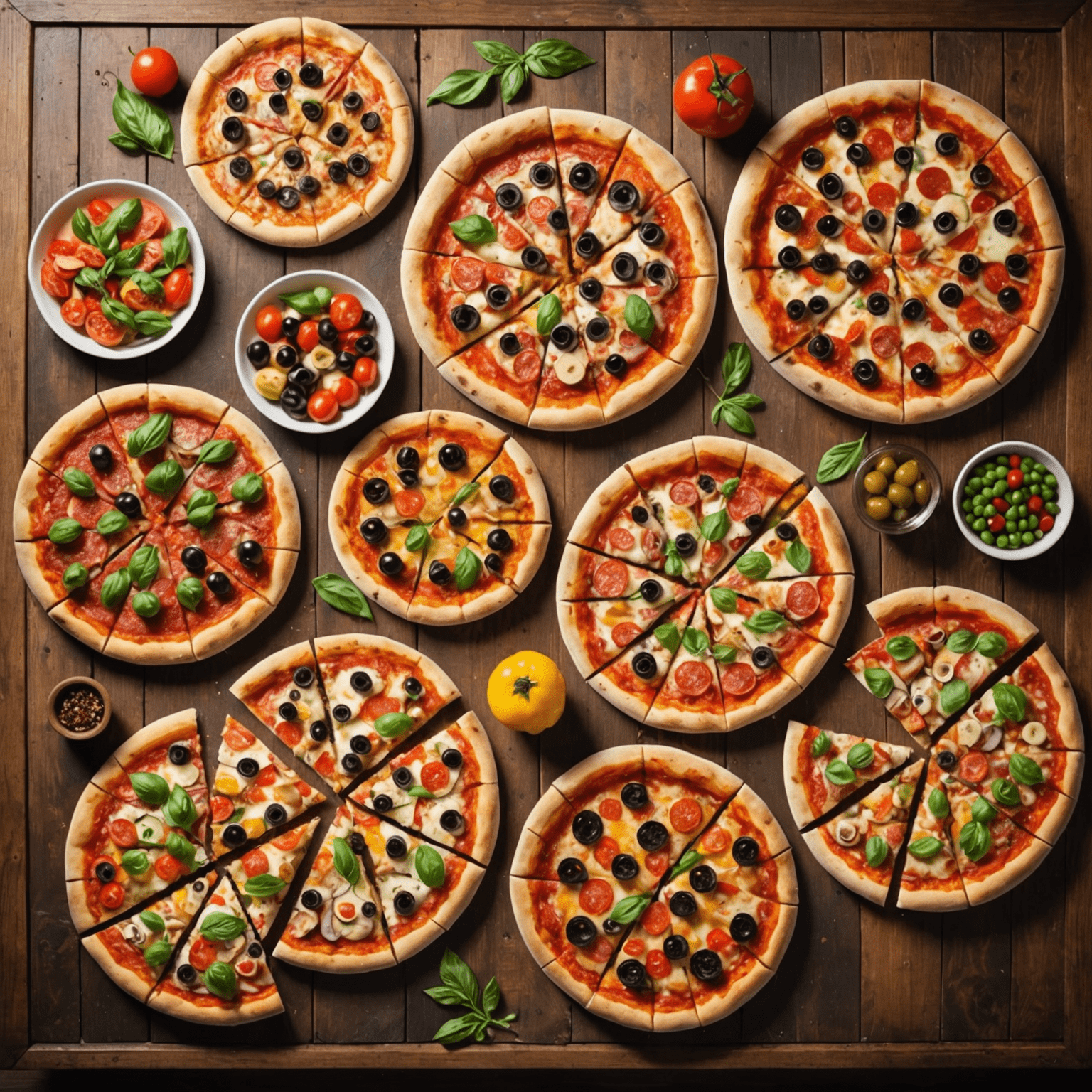 A variety of pizzas displayed on a rustic wooden table, showcasing different toppings and sizes suitable for catering events. The pizzas are arranged beautifully with fresh ingredients visible, demonstrating the quality and diversity of our catering options.