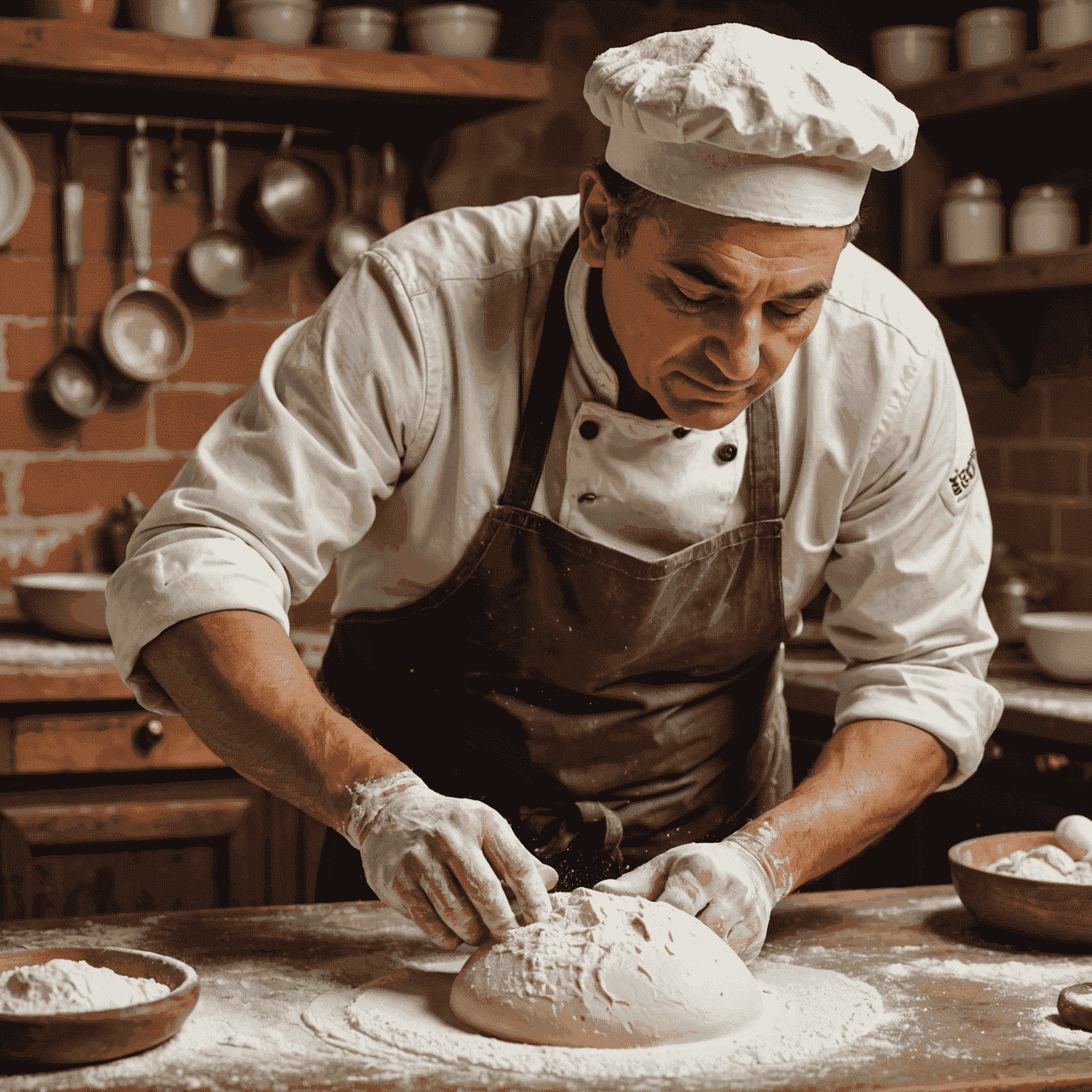 Master Pizzaiolo Antonio kneading pizza dough with expert precision, his hands covered in flour as he works the dough on a wooden surface in a traditional Italian kitchen