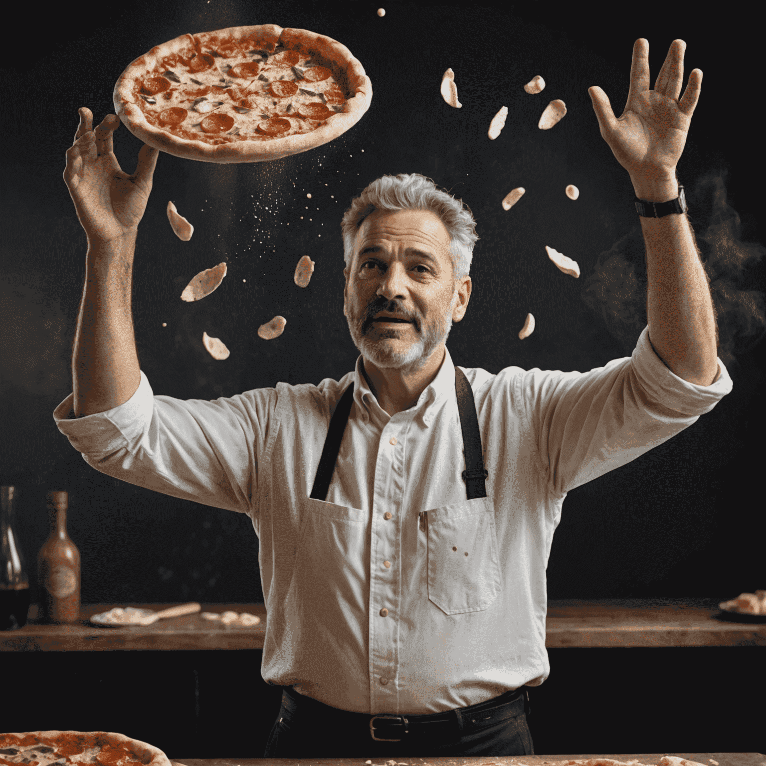 Marco Rossi, a middle-aged man with salt-and-pepper hair, expertly tossing pizza dough in the air