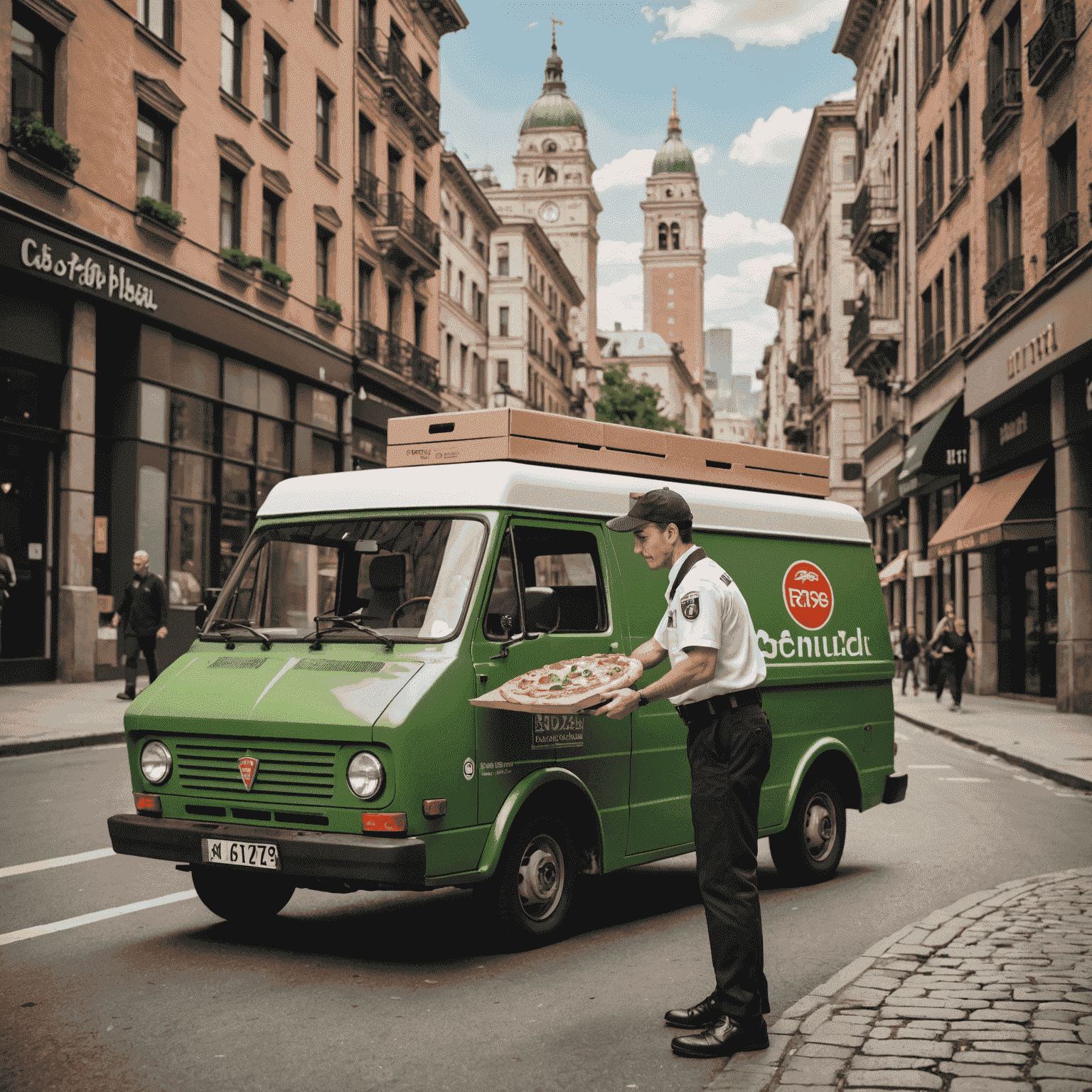 A pizzaiolo in uniform carefully placing a pizza box into an eco-friendly delivery vehicle, with a cityscape in the background