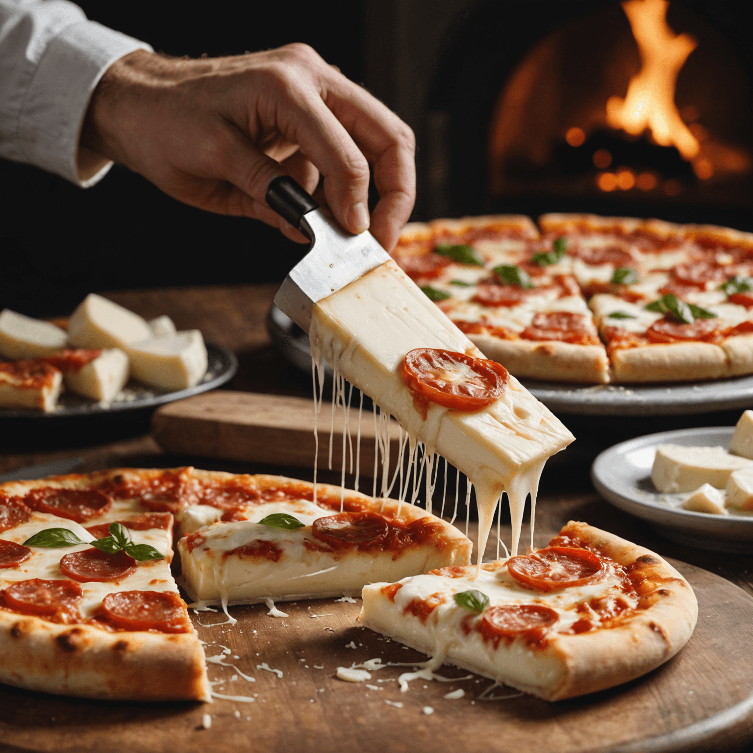 A block of high-quality mozzarella cheese being sliced, with a pizza in the background, emphasizing the importance of cheese in our pizzas