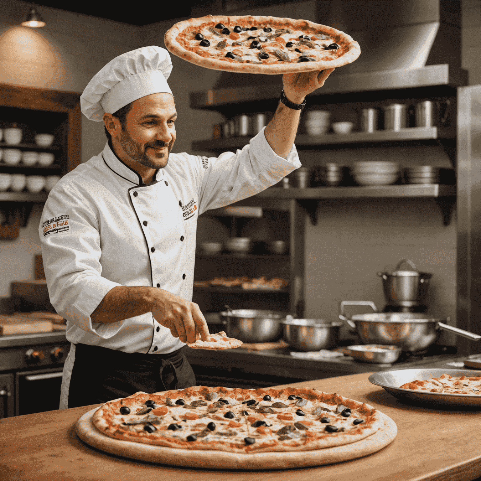 A pizzaiolo preparing a pizza for a catering event. The image shows the chef tossing dough in the air with a variety of fresh toppings laid out on the counter, emphasizing the craftsmanship and quality ingredients used in our catering services.