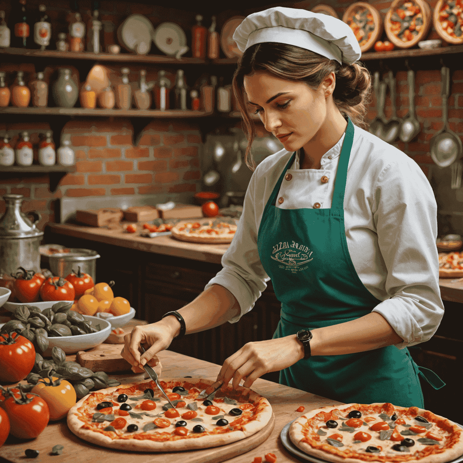 Pizzaiolo Maria carefully selecting fresh, colorful toppings from an array of ingredients, her focus evident as she prepares to create a gourmet pizza