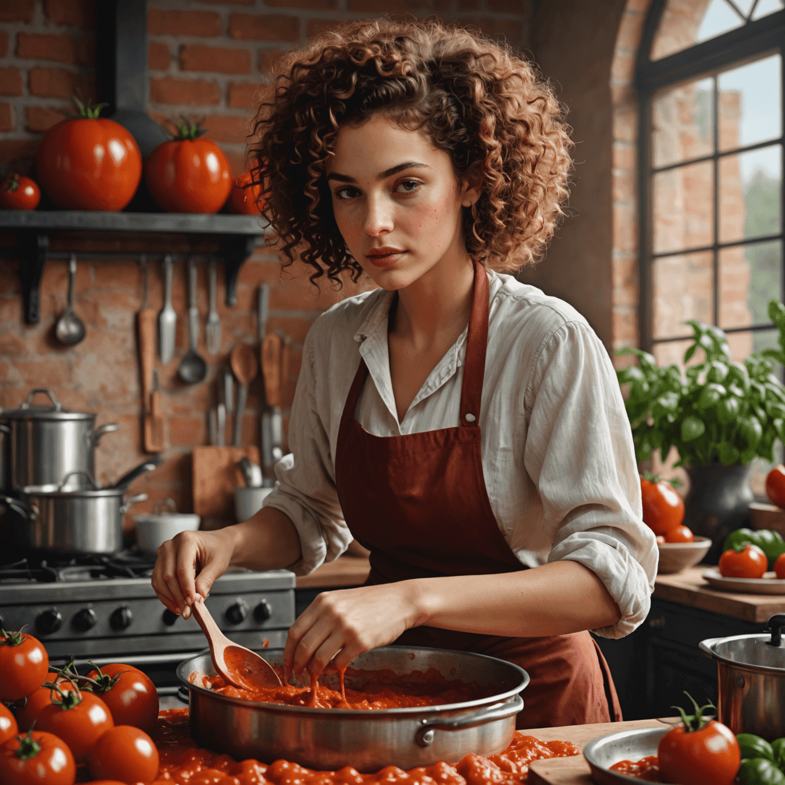 Sofia Bianchi, a young woman with curly hair, stirring a large pot of vibrant red tomato sauce