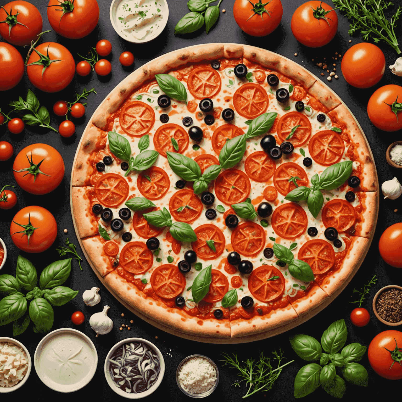 A vibrant display of fresh, high-quality pizza ingredients including ripe tomatoes, aromatic herbs, premium cheeses, and colorful vegetables