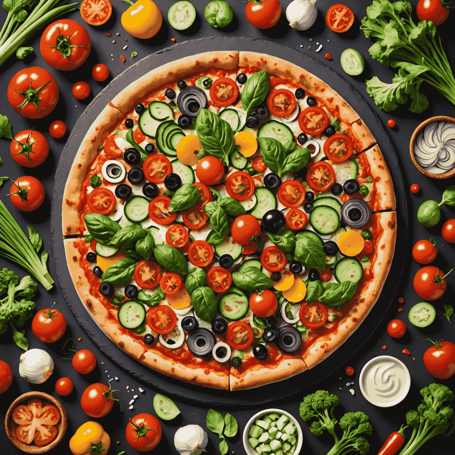 A colorful vegetarian pizza topped with an assortment of fresh vegetables