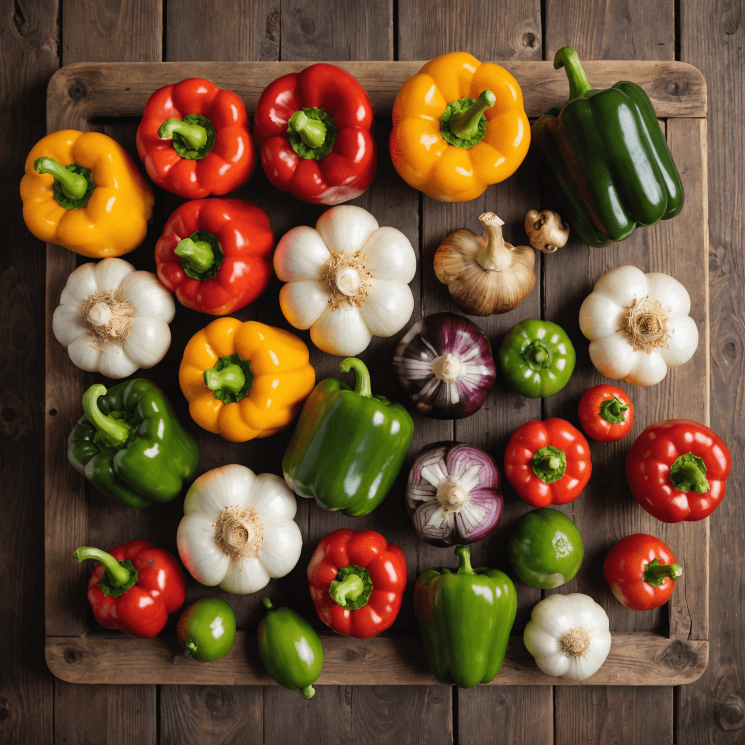 A variety of colorful, fresh vegetables including bell peppers, onions, and mushrooms, arranged on a rustic wooden table