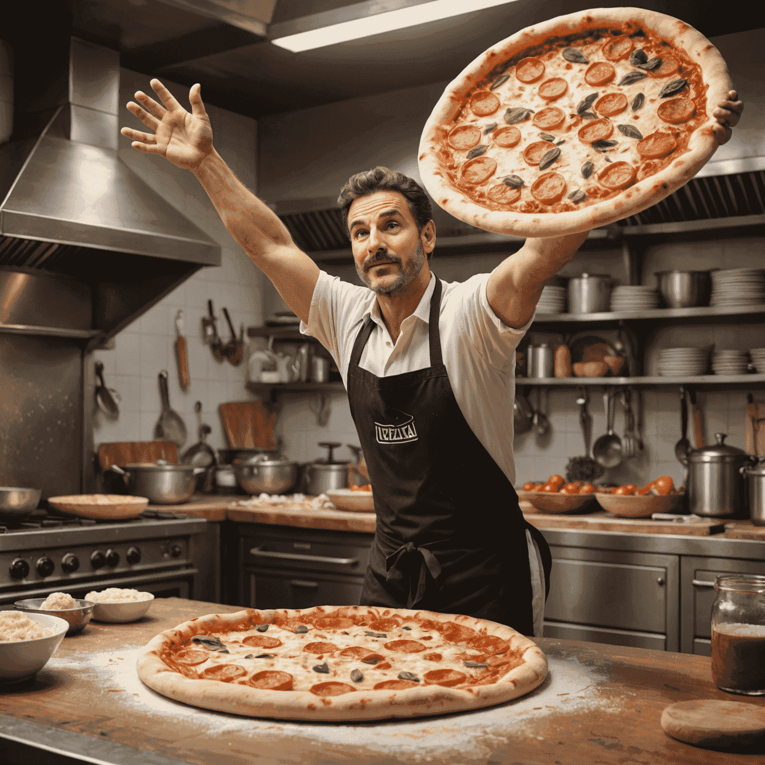 Pizzaiolo Luigi expertly stretching a large pizza dough in the air, demonstrating perfect technique and control in a bustling pizzeria kitchen