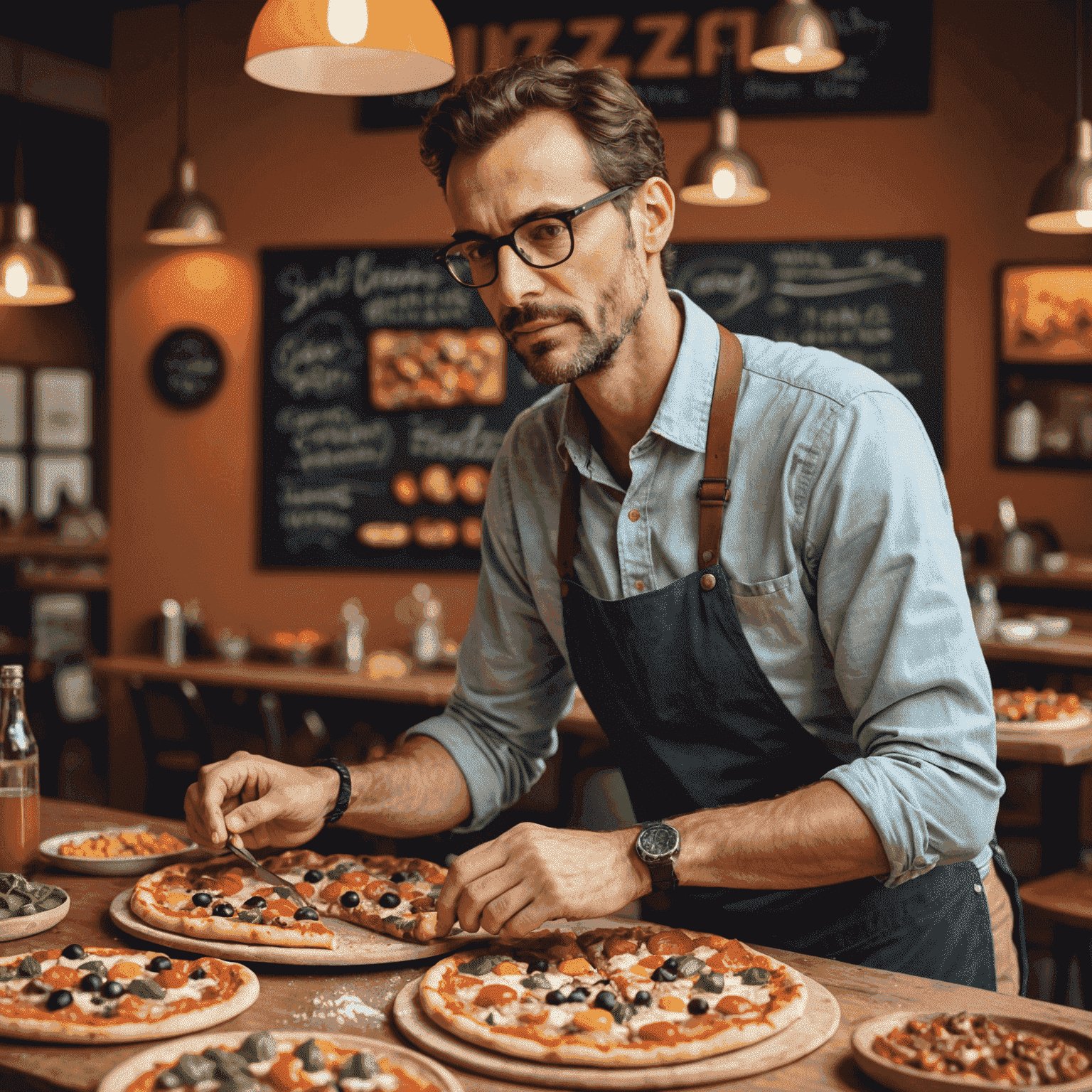 Luca Verdi, a tall man with glasses, carefully arranging colorful toppings on a pizza