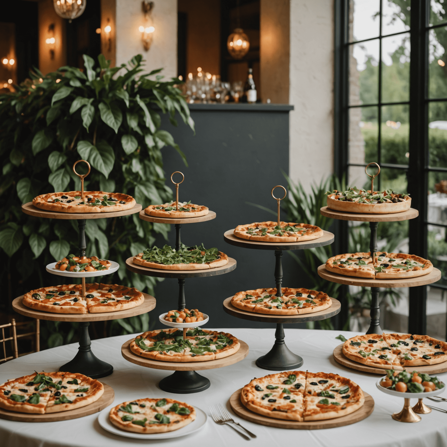 An elegant event setup with a variety of gourmet pizzas displayed on tiered stands, surrounded by stylish decor and happy guests