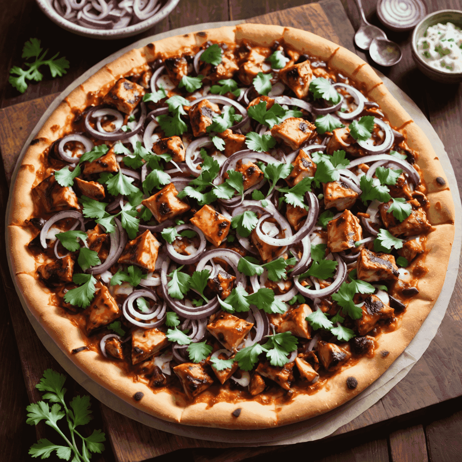 A tantalizing BBQ chicken pizza with red onions and cilantro