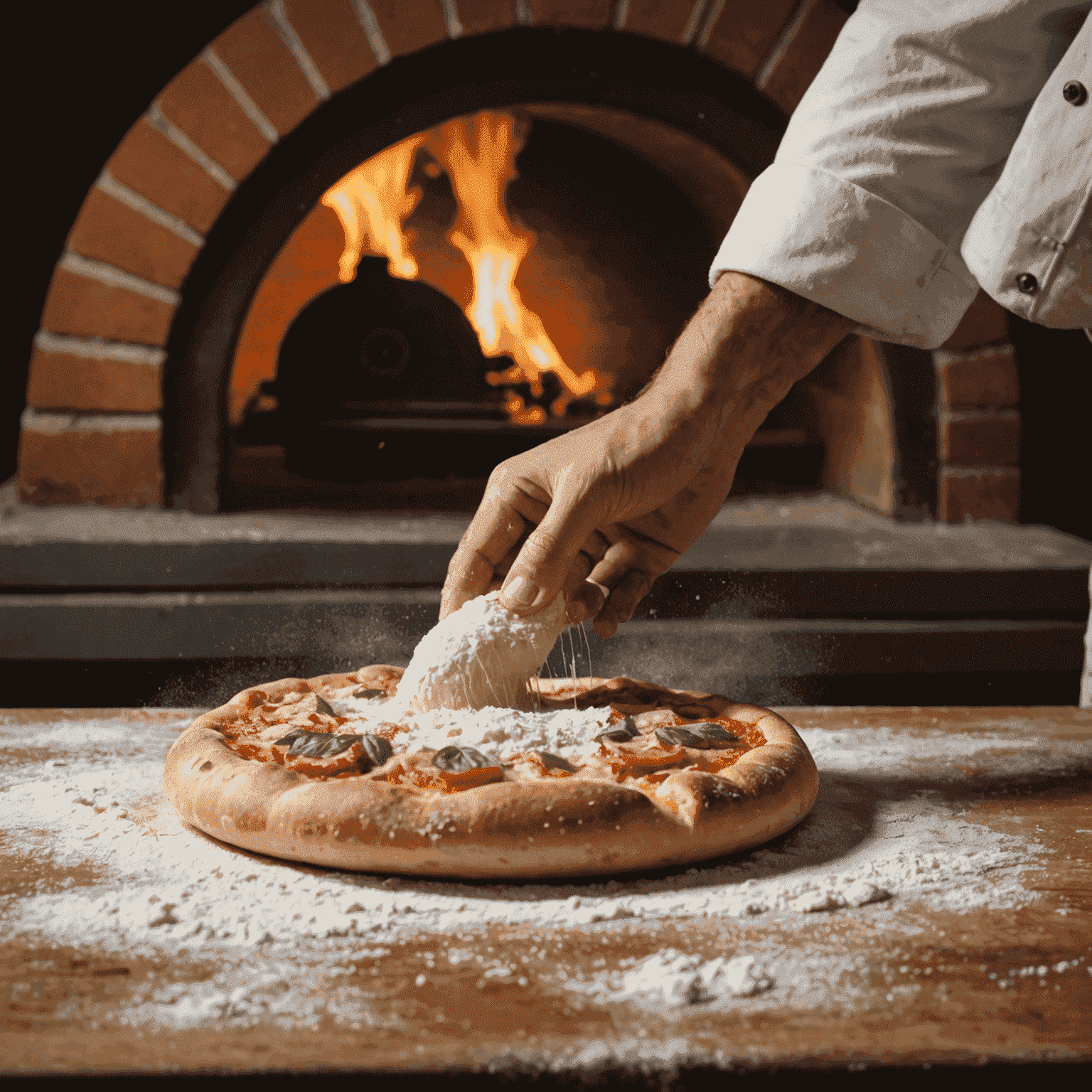 A close-up of pizza dough being kneaded by a pizzaiolo, with flour dusting the surface and a wood-fired oven in the background