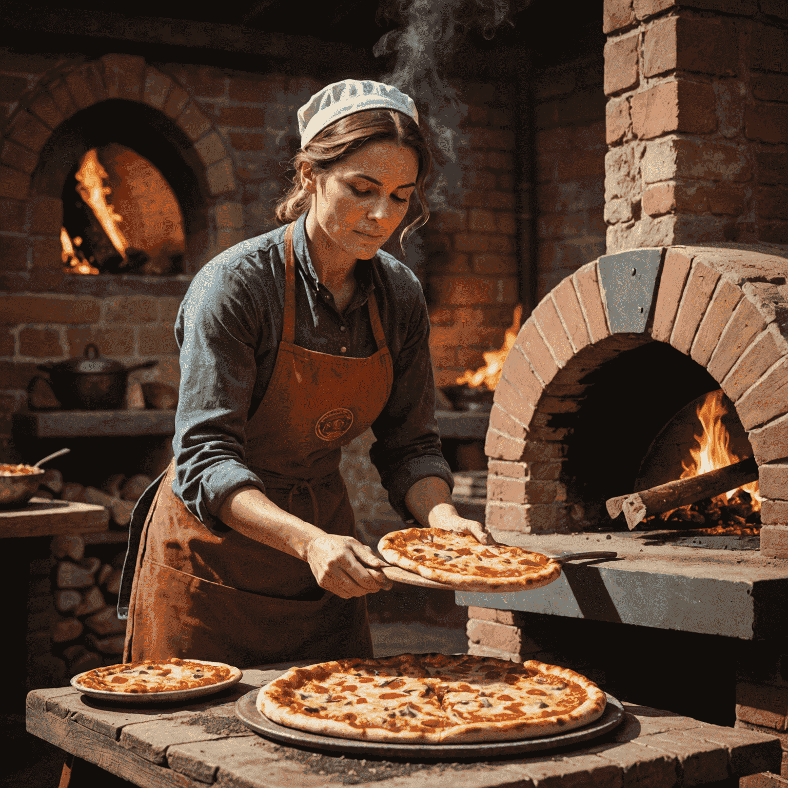 Pizzaiolo Sofia carefully placing a pizza into a wood-fired oven with a long paddle, flames visible in the background, highlighting the traditional cooking method