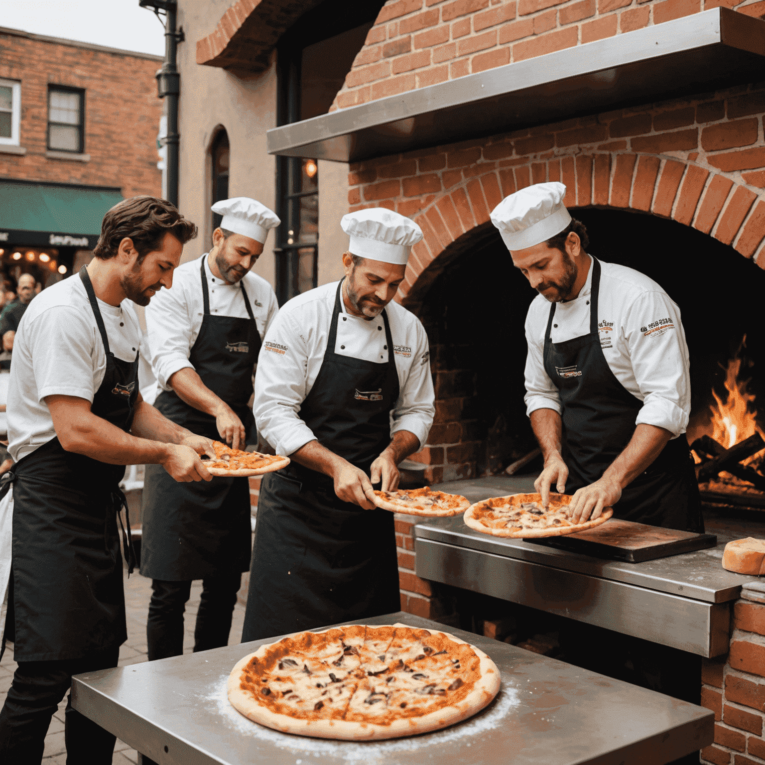 A group of skilled pizzaiolos in action, tossing dough, applying toppings, and working with wood-fired ovens, showcasing their expertise and passion