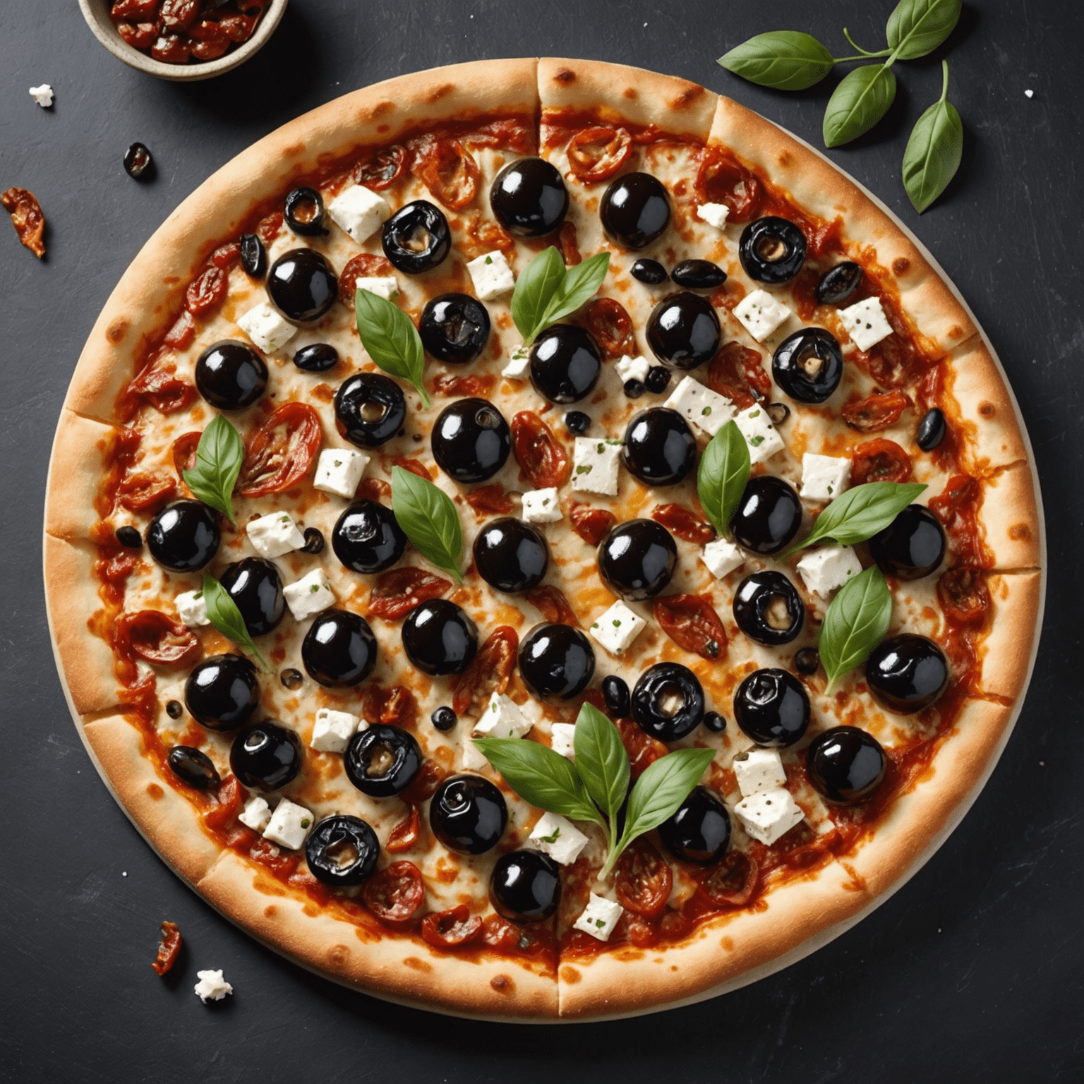 A Mediterranean-inspired pizza with feta cheese, olives, and sun-dried tomatoes