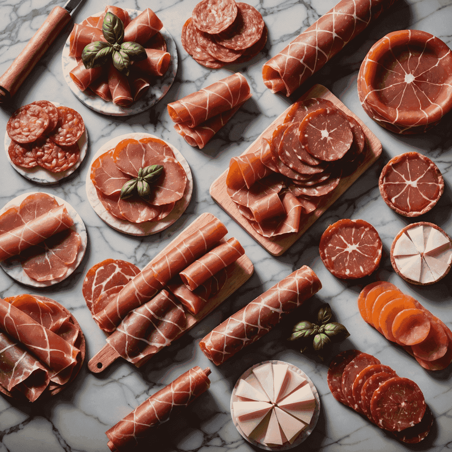 Various Italian cured meats including prosciutto, salami, and pepperoni, artfully arranged on a marble slab