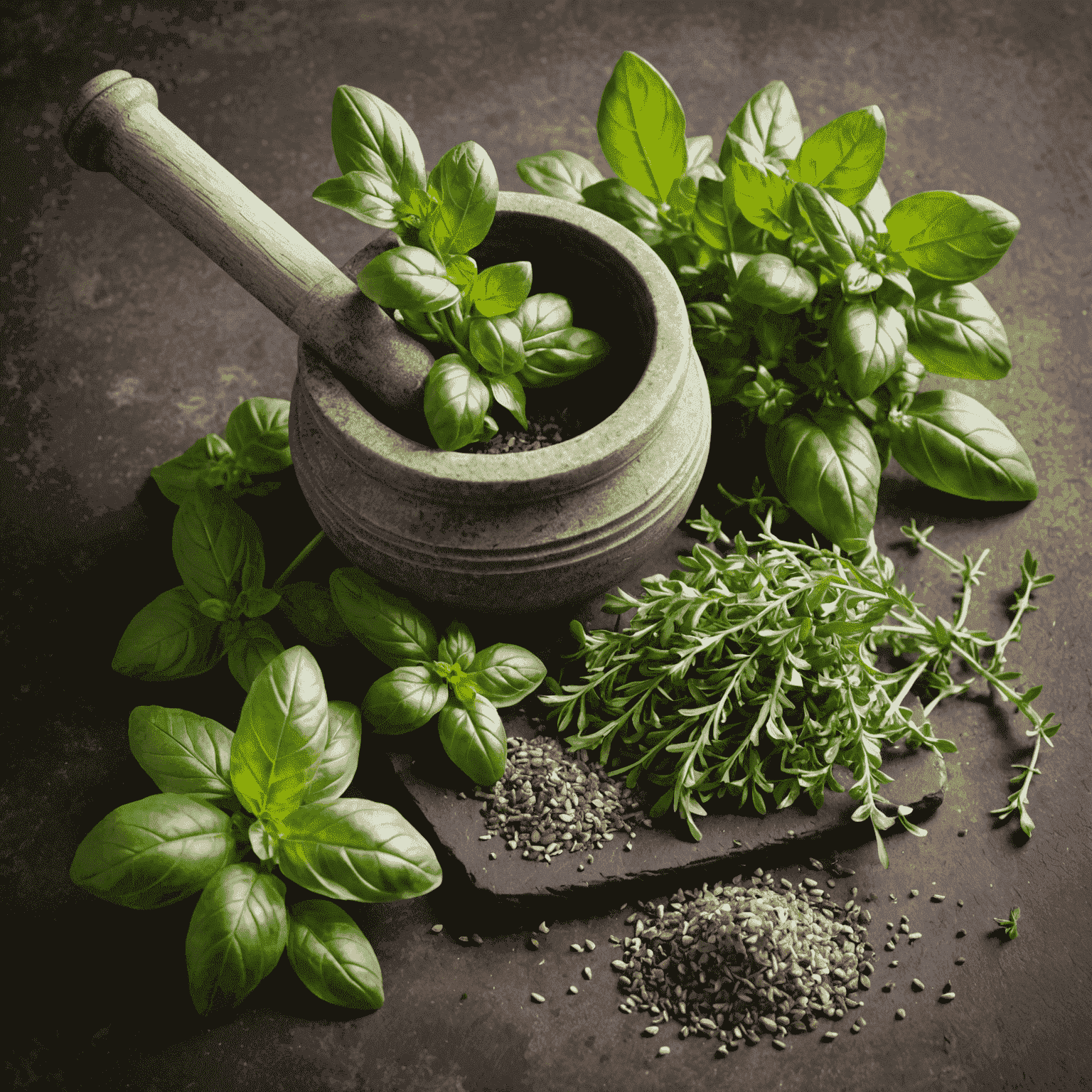 A bunch of fresh herbs including basil, oregano, and thyme, with a mortar and pestle containing crushed herbs